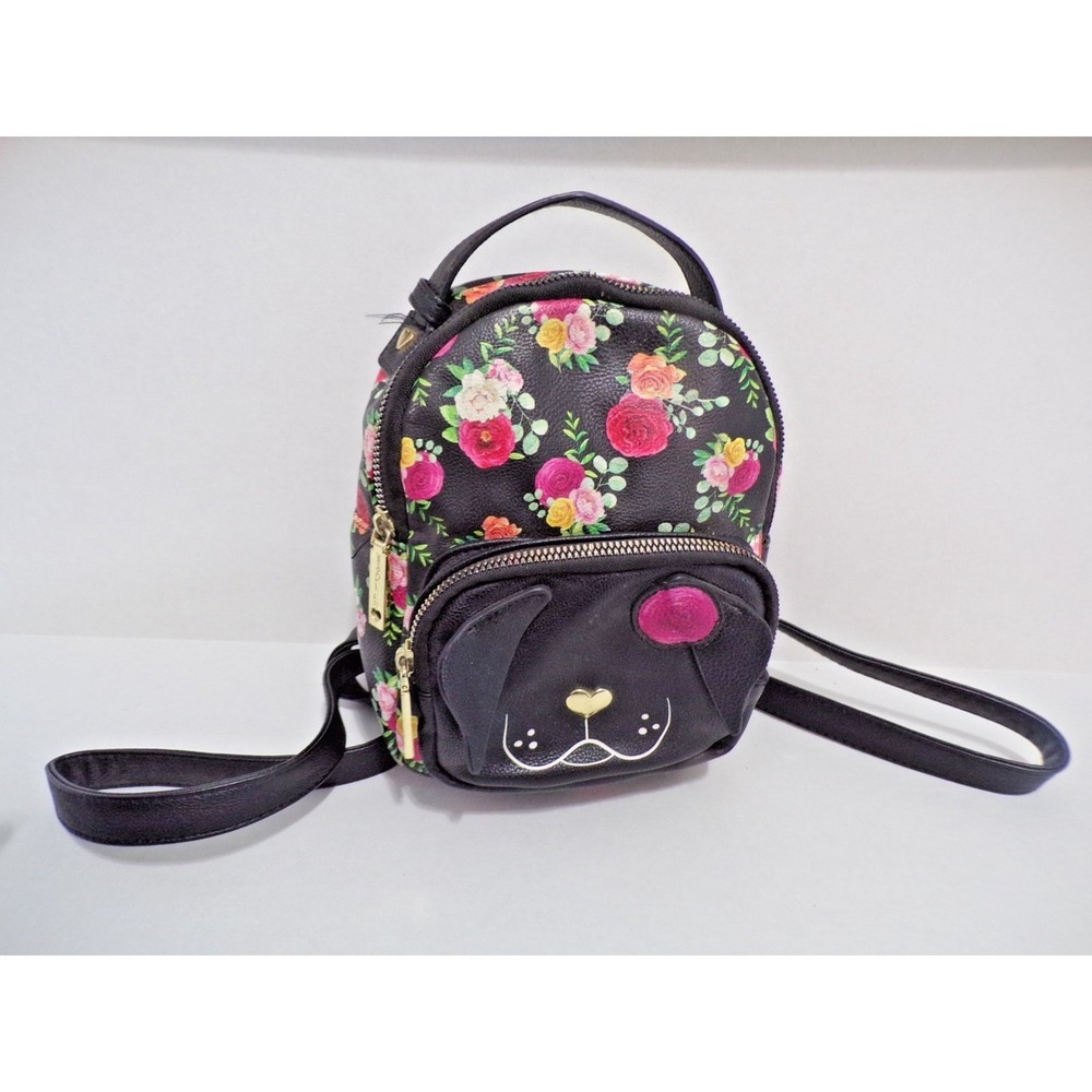 Betsey Johnson Girls Dog Face Mini Backpack Purse Black w/Roses Gold Heart Acct